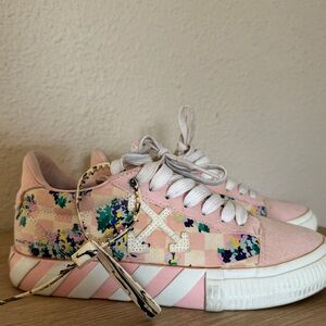 Off White Virgil Abloh multicolor floral checkered canvas vulcanized sneakers